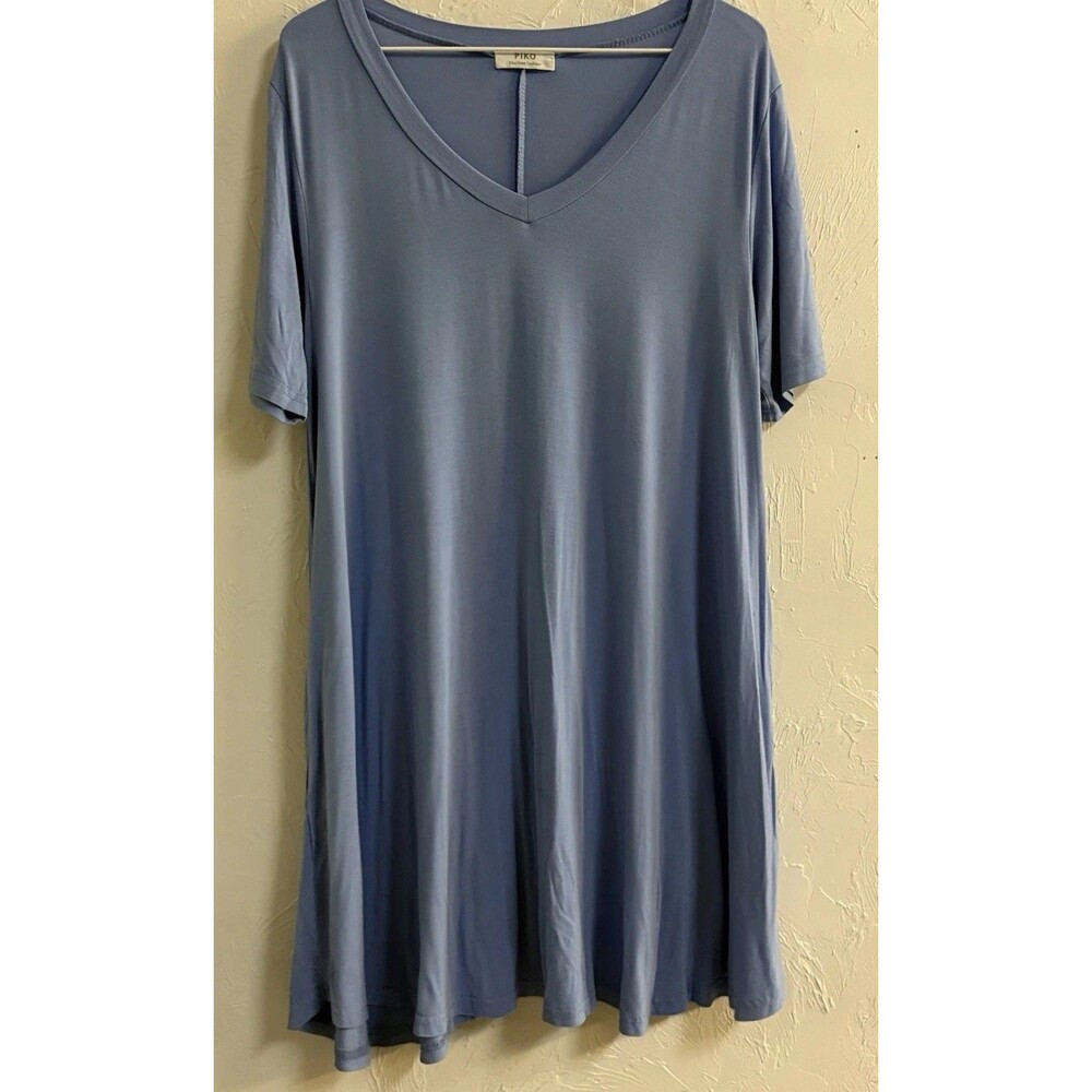 PIKO Blue Solid V-Neck Short Sleeve Knit Bamboo T-Shirt Dress Women’s M